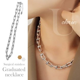 Qroza Women's Hardware U Chain, Anchor Chain, Graduated Necklace, Chain, Choker, Popular, Surgical Stainless Steel, Simple, Thick, Storage Pouch, Accessory Wipe, U-Shaped