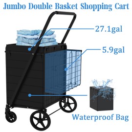Heavy Duty Folding Shopping Cart for Groceries, Jumbo Grocery Carts with 360° Swivel Wheels, Waterproof Bag, Portable Utility Trolley for Daily, Laundry, Holds Up to 320 LBS