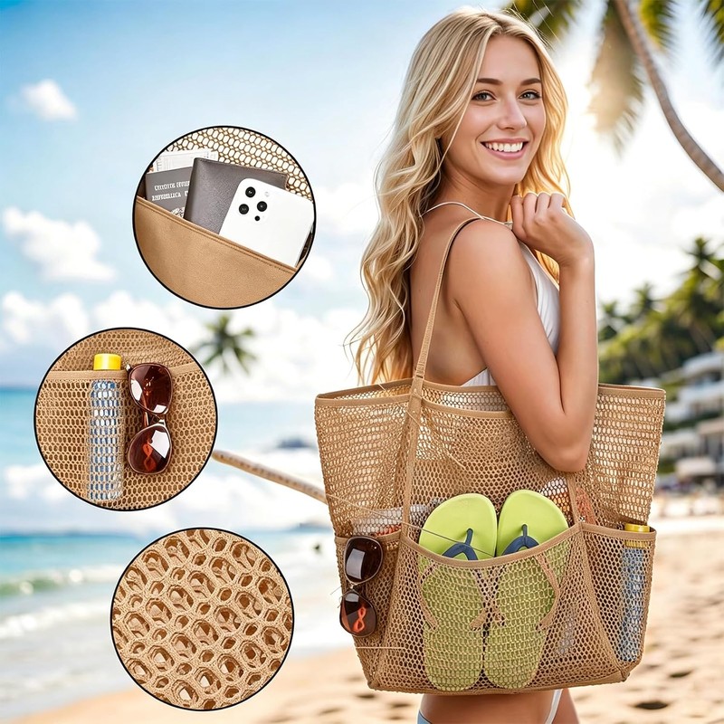 Bolsa de Playa para Mujer,Tote Bag Mujer de Malla Plegable,Amarillo