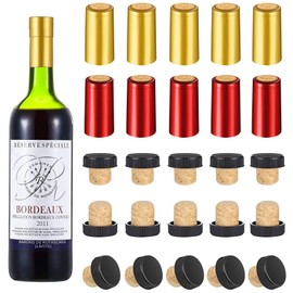 100 Pcs Wine Bottle Cork Stopper Plastic Top Kits, 50 T Shape PVC Heat Shrink Capsules, 50 Wine Corks Tops Sealer Tasting Bottle Shrink Wrap Caps for Cruise Ship Wedding Christmas Party(Gold, Red)
