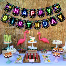 Wonmelody Glow In The Dark Pool Party Decor Happy Birthday Pool Party Banner Neon Pool Birthday Party Banner for 1st 2nd 3rd Birthday Hawaiian Pool Party Coconut Tree Beach Ball Wall Decor