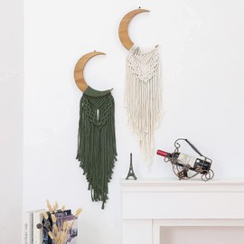 Dormitology Macrame Moon Boho Wall Hanging, Olive Green Bohemian Wood Ornament with Long Tassel, Handmade Unique Moon Phases Wooden Art Home Decoration for Bedroom Children's Room Living Room
