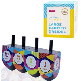 The Dreidel Company Let's Play The Hanukkah Game 2 Multi Colored Extra Large Hand Painted Wood Dreidelsâ€¦ (Style 4, Pack of 4)