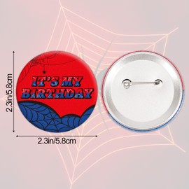 It's My Birthday Badge Pin, 2.3in Red & Blue Spider Web Happy Birthday Button for Kids Women Men Spider Themed Parties and Celebrations Decoration Supplies