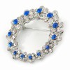 Rhodium Plated Clear/Sapphire Blue Crystal Wreath Brooch - 45mm