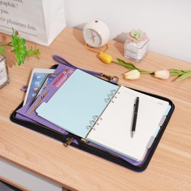 Wason A5 Ring Binder with Zip Portfolio - Faux Leather Notebook Writing Case Padfolio with Removable Refillable Writing Pad for Business Study and Travel Organiser (Purple)