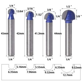 Wolfride 4pcs Core Box Router Bit 1/4 Inch Shank Round Nose Cove Box Router Bits