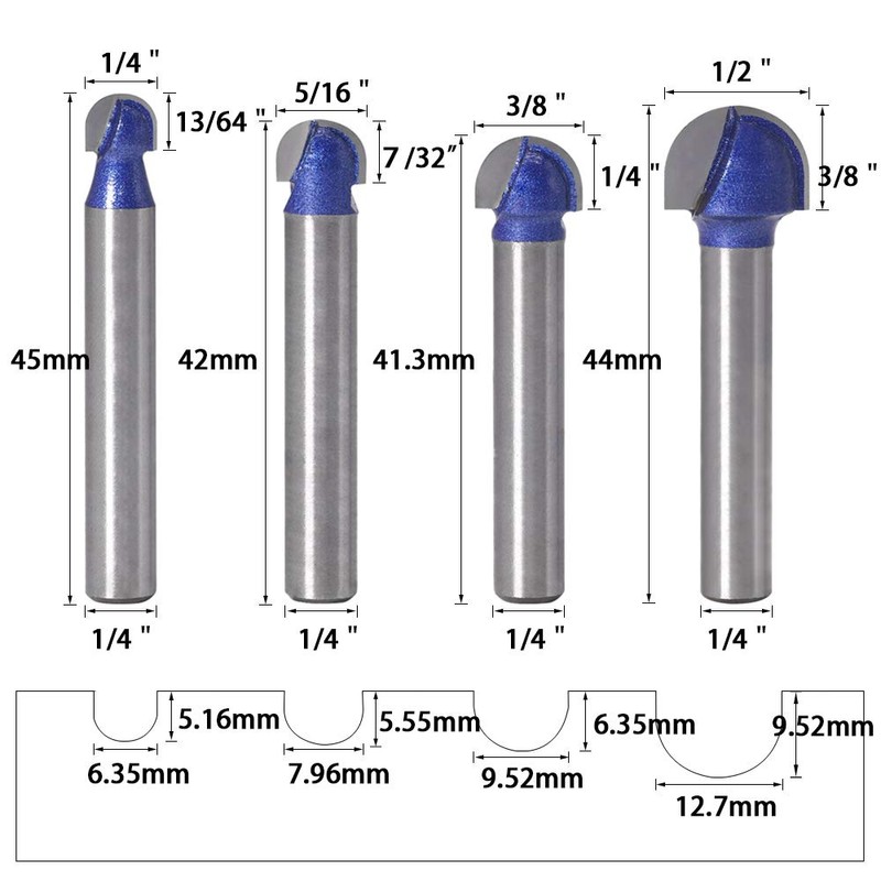 Wolfride 4pcs Core Box Router Bit 1/4 Inch Shank Round