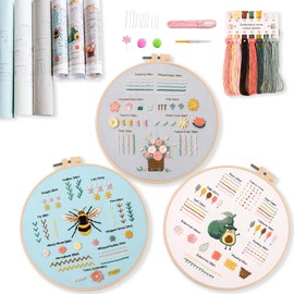 REEWISLY 3 pcs of Embroidery kit with Patterns and Instructions, DIY Adult Beginner Cross Stitch Kits, Including 1 Plastic Embroidery Hoop, 1 Pair of Scissors, Colored Threads and Needles