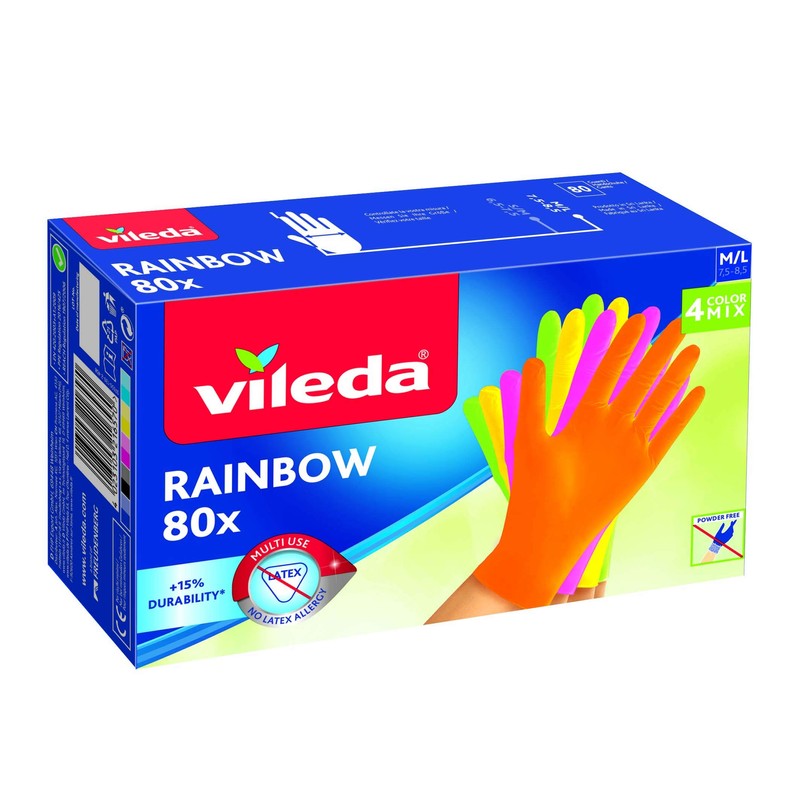 Vileda Rainbow Multi-Purpose Nitrile Gloves, Multi-Colour, Pack of 80, M/L