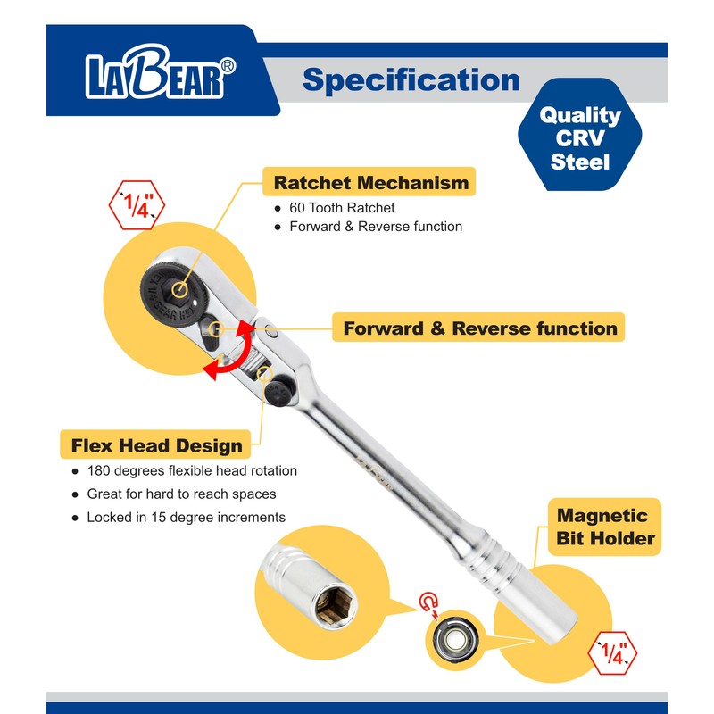 LABEAR - Flex Socket Ratchet to T Handle Wrench 3pc