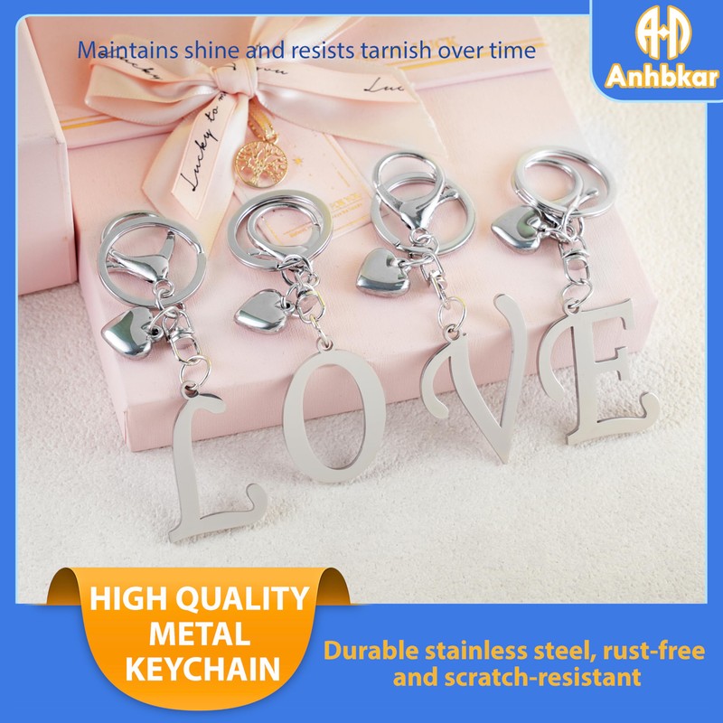 ANHBKAR A-Z Silver Heart Initial Letter Keychain, Stainless Steel Alphabet