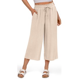 UEU Capri Pants for Women High Waisted Wide Leg Linen Palazzo Trousers Drawstring Waist Casual Loose Flowy Pants- 20" Inseam (Heather Light Khaki, M)