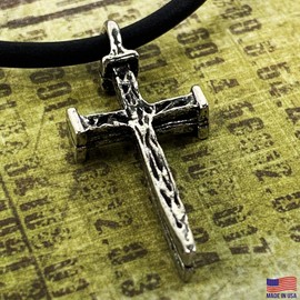 FORGIVEN JEWELRY Small Nail Cross Necklace Antique Pewter on Black Cord