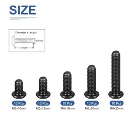 DTGN 50pcs M6 Button Head Socket Cap Bolt Kit - 10/12/16/20/25mm Carbon Steel Black Oxide Full Thread Hex Socket Cap Bolt Assortment - Perfect for Machinery, Furniture Repair