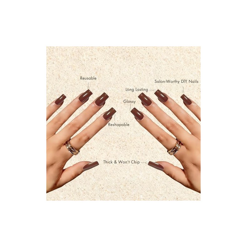Uñas postizas marrones cuadradas largas, uñas postizas de gel suave,