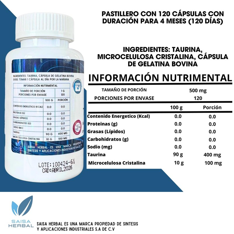 Taurina 400 Mg 120 Cápsulas Saisa Herbal calidad premium