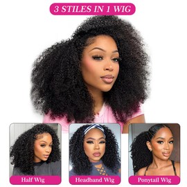 Legendhair Wear & Go Glueless Wigs Human Hair Afro Kinky Curly Human Hair Half Wigs for Black Women Seamless Kinky Curly Bob Pixie Cut Wig Drawstring Full Head Clip in Half Wig 200% Density 8 Inch
