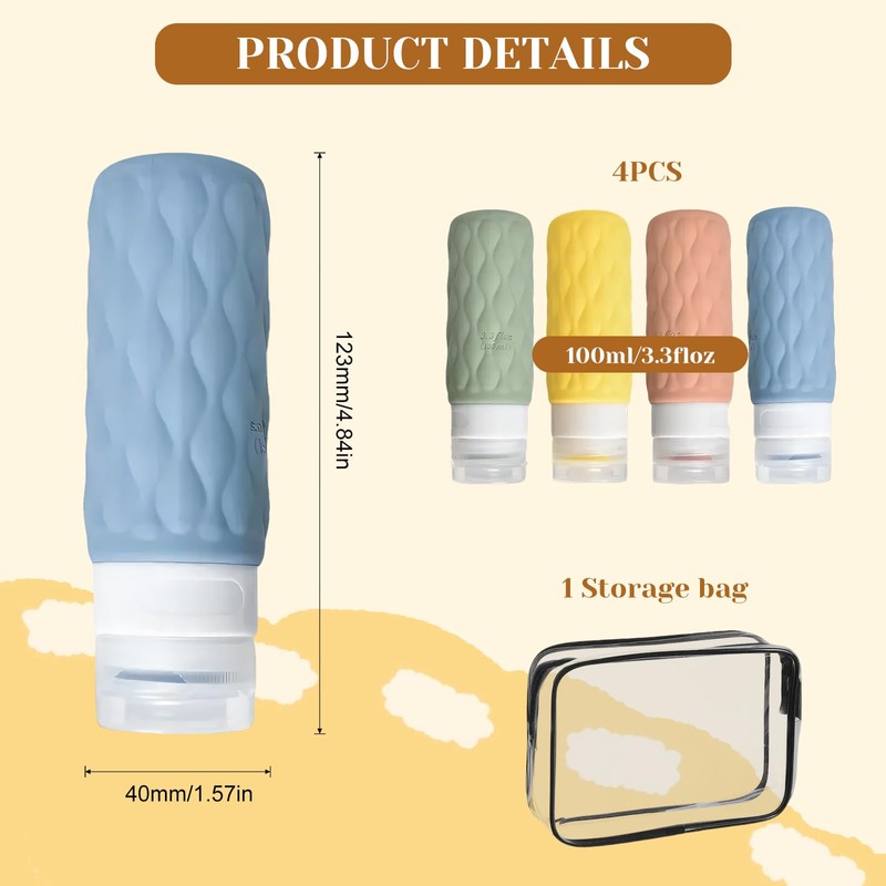 Prmape 4 Stück Reiseflaschen zum Befüllen, Silikon Reiseflaschen 100ml Set,