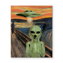 Retro UFO Canvas Wall Art, Alien Spaceship Pictures Print Framed Art, The Scream Parody Artwork, Victorian Landscape Oil Painting, Funny Sci-Fi Wall Decor for Living Room and Bedroom 11x14inch