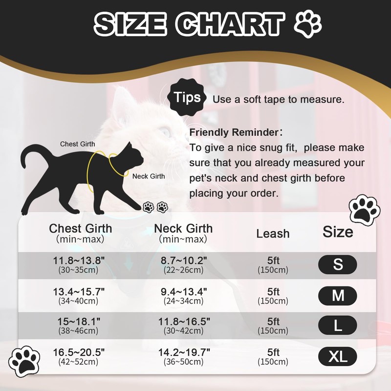 Adjustable Cat Harness, Breathable, Reflective Fabric, Tip for Outdoor Walking,