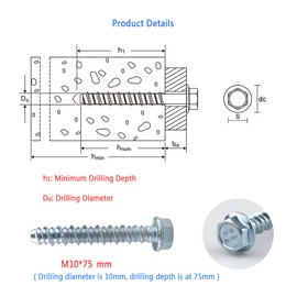 25 Pcs Concrete Self Tapping Anchor Bolt Kit(M6/M8/M10),Flange Hexagonal Head Screw Anchor,Used For Fixing On Masonry,Marble, Brick,Wood,Stone(50/75/100mm)