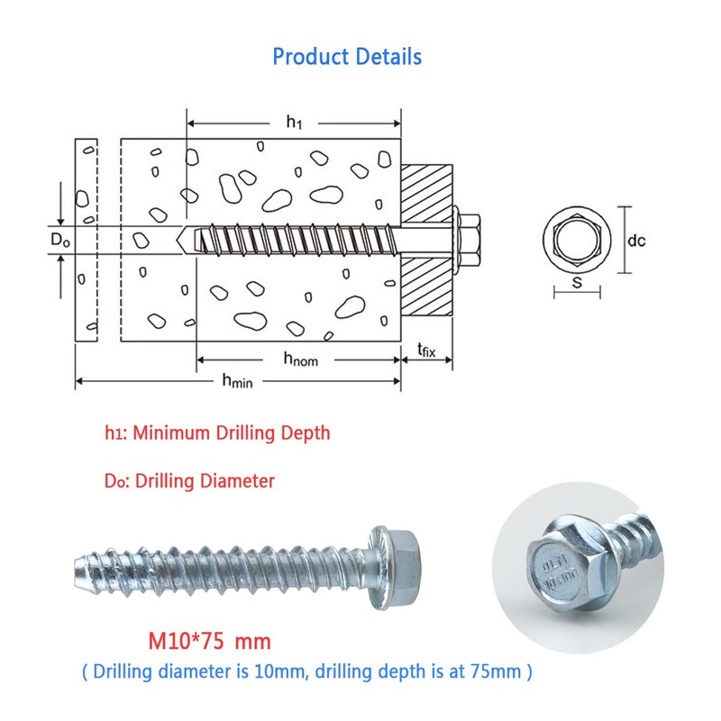 25 Pcs Concrete Self Tapping Anchor Bolt Kit(M6/M8/M10),Flange Hexagonal Head