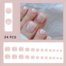 Short Square Press on Toenails with Aurora White Fake Toe Nails Cute Solid Color Glossy Designs False Stick on Toe Nails Full Cover Reusable Artificial Toenails for Women and Girls 24Pcs