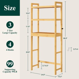 Smiry Over The Toilet Storage Cabinet, 3-Tier Bamboo Bathroom Organizers with Adjustable Shelf & 4 Hooks, Space Saving Shelf Rack for Bathrooms, Laundry Room, Balcony, Natural