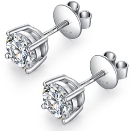 JiaYang Sterling Silver CZ Stud Earrings with Screw Back - 5MM Round Cut Cubic Zirconia Fake Diamonds Earrings for Women Men