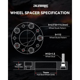YIZBAP 5x4.5 to 5x112 Wheel Adapters for A3 Wheels on RAV4 Vehicle, 1.25 inch 5x114.3 to 5x112 Wheel adapters 74mm Hub Bore with 12x1.5 Thread Pitch