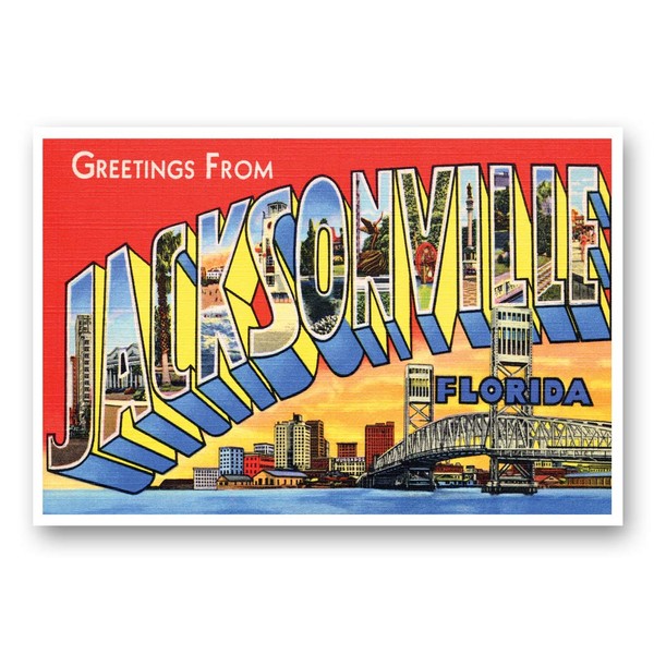 GREETINGS FROM JACKSONVILLE, FL vintage reprint postcard set of 20 identical postcards. Large Letter Jacksonville, Florida city name post card pack (ca. 1930's-1940's). Made in USA.