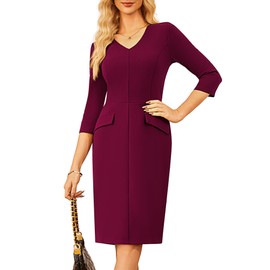 GRACE KARIN Work Dresses for Women 2025 V Neck 3/4 Sleeve Bodycon Elegant Business Sheath Dress Wine Red S