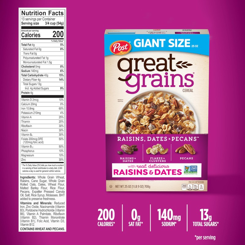 Great Grains Raisins Dates & Pecans Breakfast Cereal, Crunchy Clusters