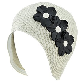 Latex Swim Cap - Women Stylish Swimming Cap Great for Ladies, Perfect to Keep Hair Dry - Suitable for Long Hair - Bubble Crepe with White and Black Flowers