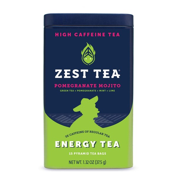 Zest Tea Premium Energy Hot Tea, High Caffeine Blend Natural & Healthy Black Coffee Substitute, Perfect for Keto, 135 mg Caffeine per Serving, Pomegranate Mojito Green Tea, Tin of 15 Sachet Bags