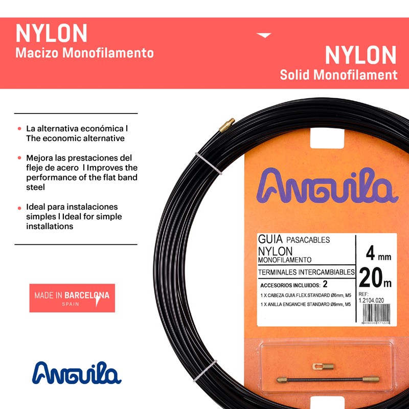 Anguila - Nylon-Einzelfaser-Kabeleinziehhilfe, 20 m, Durchmesser 4 mm, wechselbare Endstücke,