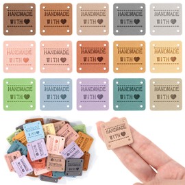 Handmade Leather Labels, Pack of 60 PU Leather Labels, Handmade Labels for Sewing, Sewing Labels with Holes, Clothes Labels, Embossed Tag for Knitting and Crochet Decoration, DIY, 15 Colours
