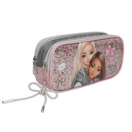 Depesche TOPModel My BFF 13319 Pencil Case in Pink and Grey with Model Motif and Glitter, Pencil Case with Bow Pendant