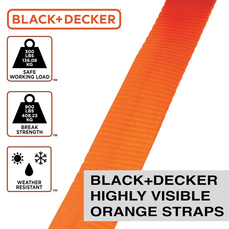 BLACK+DECKER BD1005 Black/Orange 1" x 10' Ratchet Tie Down Straps