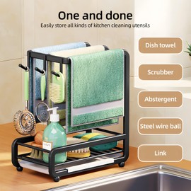 Sonew Sink Organiser, Kitchen Organiser, Carbon Steel, Dish Brush Holder for Storing Towels, Soap, Brushes