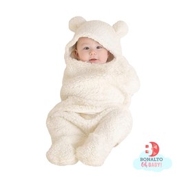 Manta con Capucha de Oso para Bebé, Saco para Dormir 0 a 3 Meses, Blanco