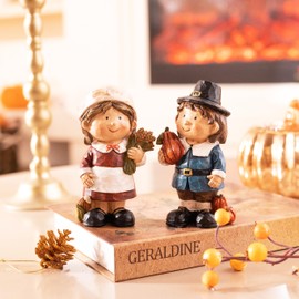 Valery Madelyn Fall Decorations for Home, 2 Pcs Fall Decor for Table Indoor Outdoor, Resin Thanksgiving Decorations Garden Pumpkins Pilgrim Figurines for Autumn Harvest Porch Tiered Tray, 5"