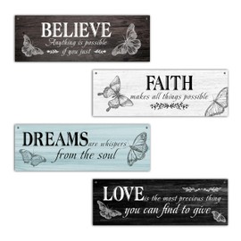 4 Pcs Christian Wall Decor Sign, Butterfly Themed Wall Art Decor Gift, Bible Verses Wooden Hanging Plaque Sign For Farmhouse Home Living Room Bedroom Bathroom, Rustic Prayer Saying Wood Sign -12