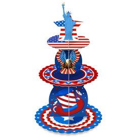 3 Tier 4th of July Cupcake Stand Patriotic Independence Day Statue of Liberty Dessert Tower Holder Display Cardboard USA American Flag Party Decoration Supplies for Memorial Day Labor Day Veterans Day