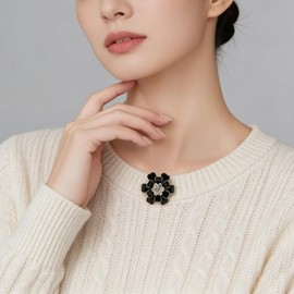Small Black Flower Brooch Pin for Women Rhinestone Lapel Pins Vintage White Rose Broochs Clothes Hat Dress Clothing Jewelry Accessories (Black)