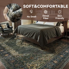 Engiw Olive Green Rug 8x10 Area Rugs for Living Room Bedroom Rug Washable Rug Vintage Neutral Farmhouse Rug Carpet Dining Room Rug Office Rug Retro Oriental Easy Clean Non Slip Rug Large