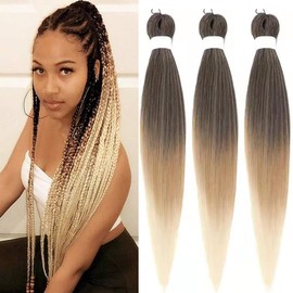 Pre Stretched Braiding Hair Extensions 3 Packs 26 Inch Black Blond Beige Ombre Braiding Hair Synthetic Braids Hair Extension for Women Hot Water Setting(26Inch,1B27613)