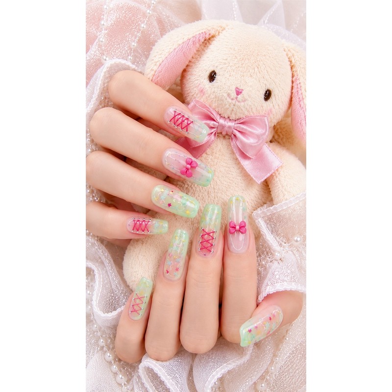Mint Corset Handmade Nail Tips - Coffin Egg / 민트