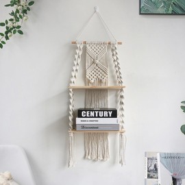 Lieson Wandregal Holz Boho Makramee Wandbehang Deko Regal Wand Doppelschicht Schweberegal Quasten Handgewebte Natürliches Treibholz Hängeregal Für Wohnzimmer Schlafzimmer Badezimmer
